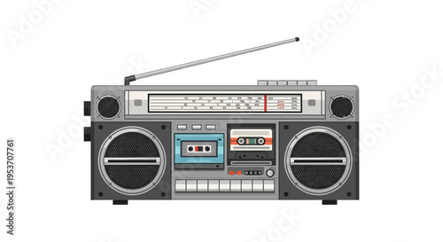 A vintage boombox with an extended antenna and cassette player details is prominently displayed silhouette high quality professional detailed modern elegant