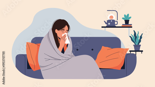 Sick woman sitting on a sofa wrapped in blanket and blowing her nose into tissue suffering from cold or flu at home.
