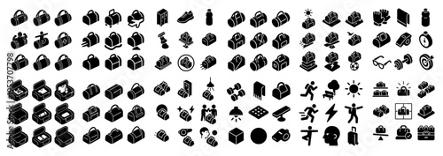 Fitness icons with duffel bag shoe bottle bold