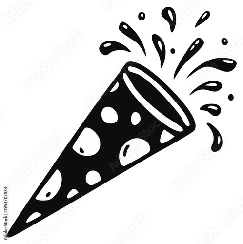 Black and white cartoon party popper bursting with confetti for celebration icon