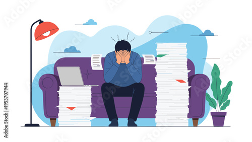 Stressed man sitting on sofa with head in hands surrounded by massive piles of paperwork and a laptop at night.