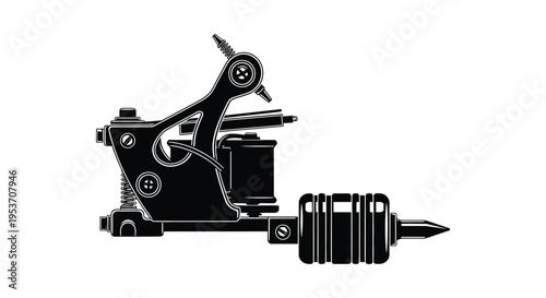 Detailed illustration of a classic tattoo machine showcasing its intricate mechanical design as a striking silhouette high quality professional detailed modern