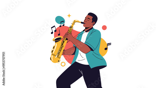 Talented african american man playing saxophone with musical notes and colorful abstract shapes in the background.