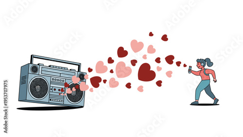 Young girl walking and listening to music through headphones with a boombox and flowing heart shapes of love.