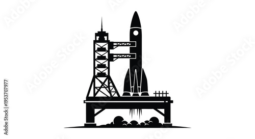 A dramatic black silhouette depicts a rocket launching from a spaceport tower showcasing future exploration silhouette high quality professional detailed modern