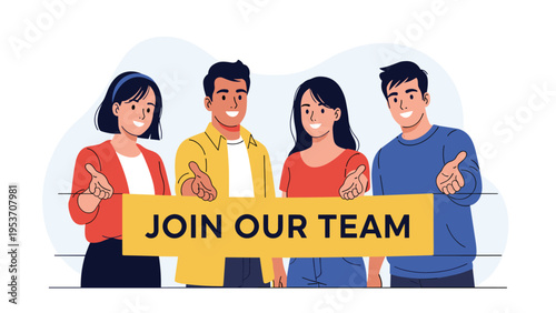 Group of diverse smiling young professionals holding a join our team sign for job recruitment and hiring campaign.