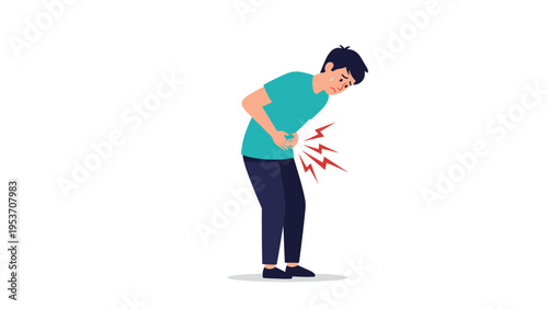 Young man experiencing severe stomach ache or cramps holding his belly in pain with red zigzag symbols of ache.