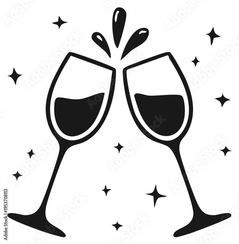 Two wine glasses clinking with splashing liquid and sparkling stars, celebration motif