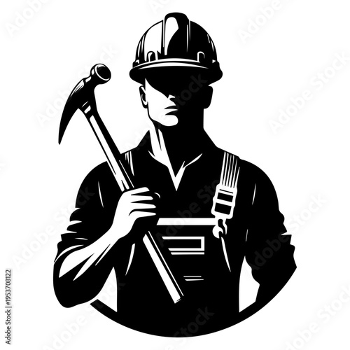 Miner worker silhouette holding pickaxe