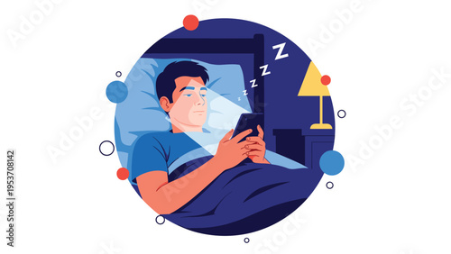 Man lying in bed at night using his smartphone with zzz symbols showing sleep deprivation and phone addiction.