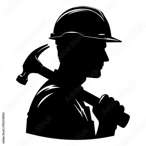 Worker silhouette carrying tools on shoulder