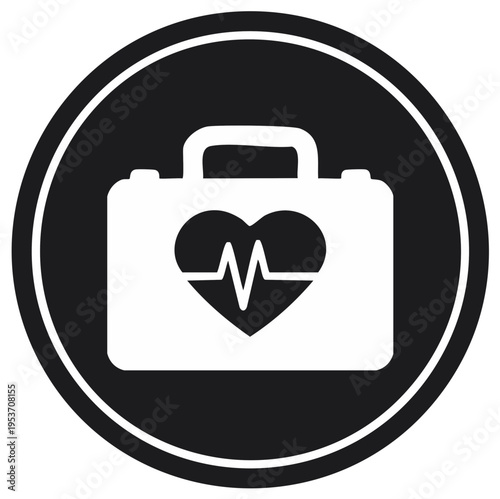 Medical bag with heartbeat symbol in black circular frame icon for healthcare and medical concepts