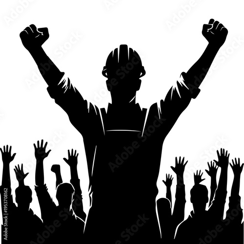 Crowd celebrating worker victory silhouette