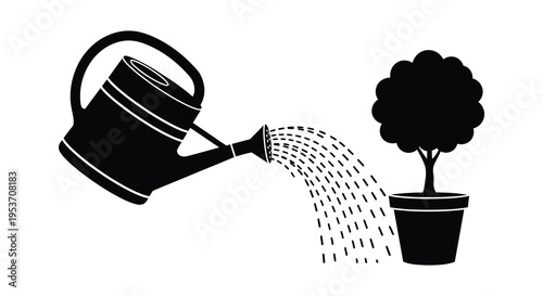 A black silhouette depicts a watering can pouring water onto a potted plant showcasing garden care silhouette high quality professional detailed
