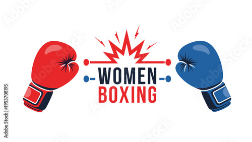 Women boxing text logo design with red and blue boxing gloves facing each other for sports competition or fitness.