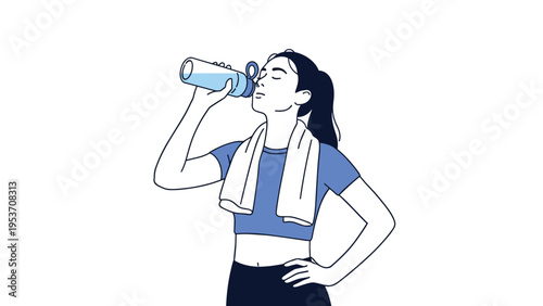 Fit athletic woman drinking water from a blue bottle after workout for hydration and healthy lifestyle maintenance.