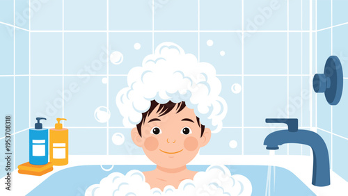 Happy little child taking a bath with white soap bubbles on his head feeling clean and joyful in a blue tiled bathroom.