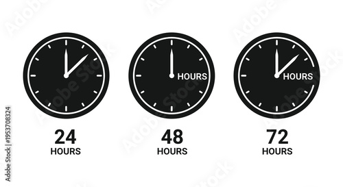 Three black clocks displaying different times and hour markings with numerical labels below a striking silhouette high quality professional detailed modern