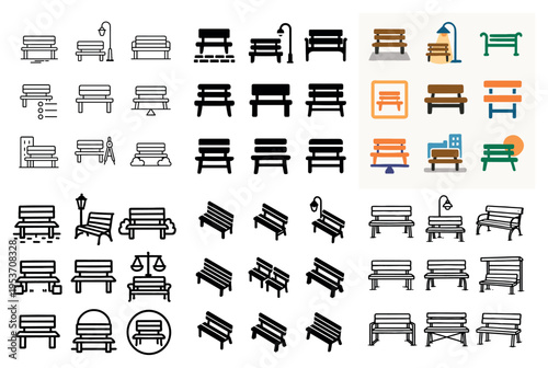 Park icons with bench lamp flat