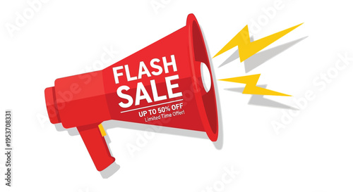 A bright red megaphone announces a flash sale with yellow lightning bolts creating a dynamic promotional silhouette high quality professional detailed