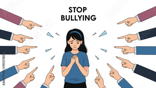 Stop bullying message with many fingers pointing at a sad young girl to raise awareness about school harassment.