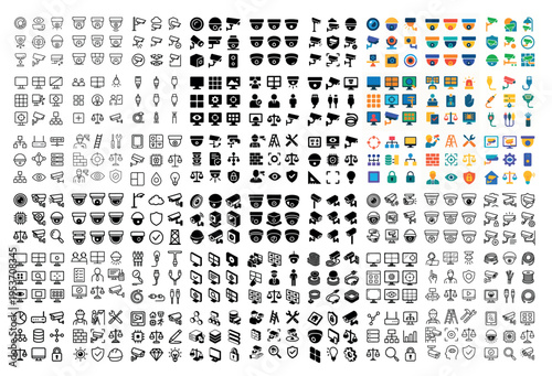 Technology icons with camera shield monitor outline
