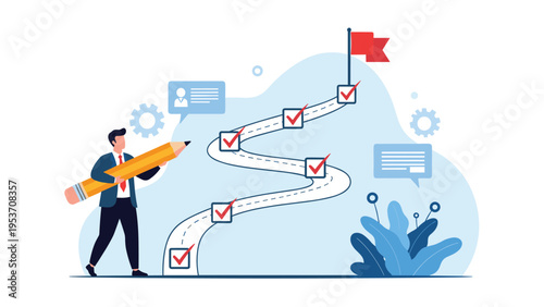 Ambitious businessman marking a winding path with checkmarks using a giant pencil toward a red goal flag success.