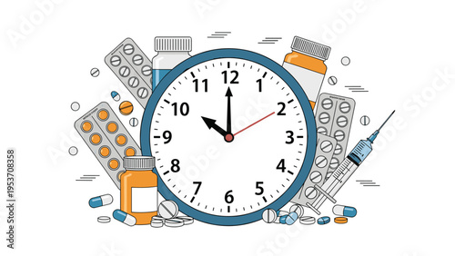 Medication schedule concept with big clock surrounded by various pills capsules bottles and a medical syringe.