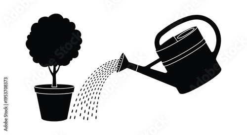 A black silhouette depicts a watering can pouring water onto a potted plant creating a simple garden scene silhouette high quality