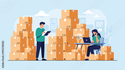 Logistics workers managing inventory and shipping orders in a large warehouse filled with stacked cardboard boxes.