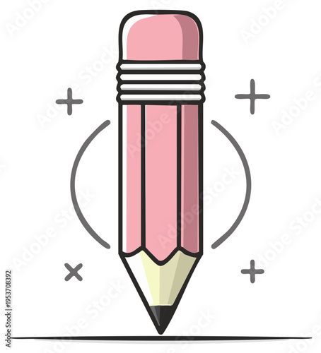 Pink Pencil with Eraser Drawing on a Horizontal Line with Decorative Symbols and Circular Shapes