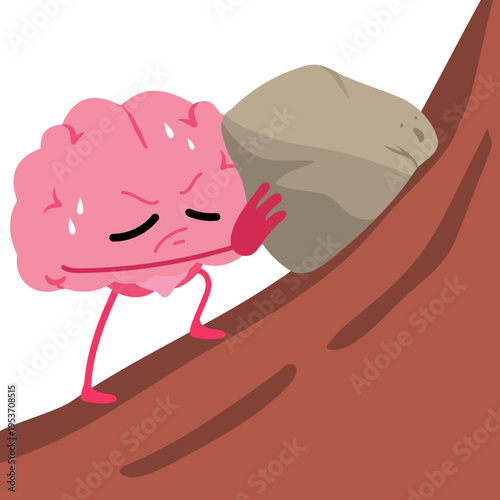 Cartoon vector illustration of a brain mascot climbing a mountain while pushing a heavy stone representing difficulty, effort, persistence and overcoming challenges