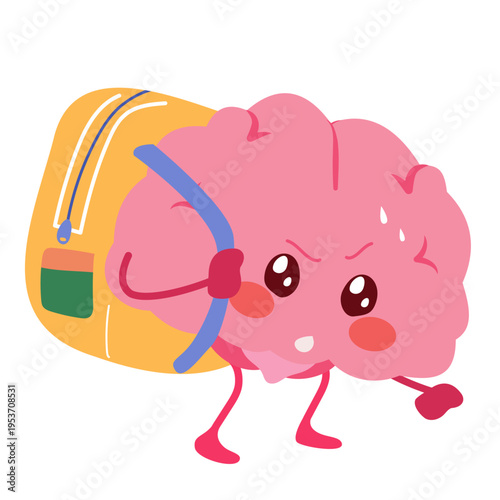 Cartoon vector illustration of a suffering brain mascot carrying a heavy backpack representing mental burden, stress, workload and emotional pressure.