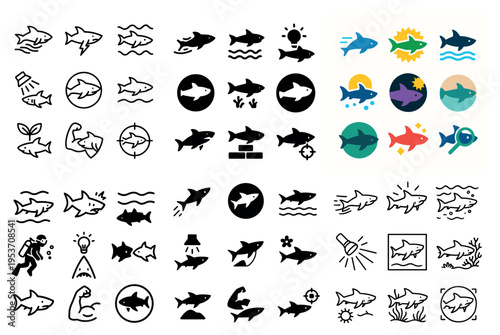 Marine icons with shark fish wave outline