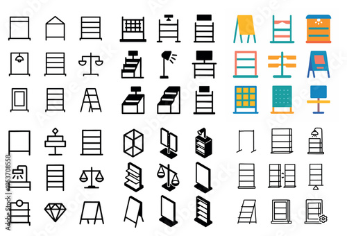 Furniture icons with shelf easel display outline
