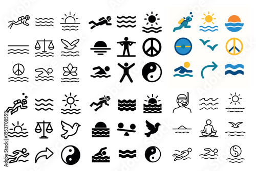 Wellness icons with swimmer sun wave minimal