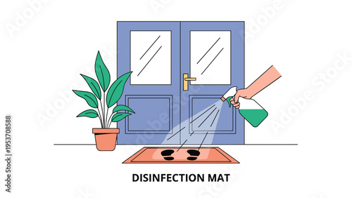 Hand spraying disinfectant liquid on a floor mat in front of a building entrance labeled as a disinfection mat.