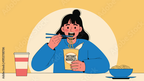 Young woman enjoying a meal of hot instant cup noodles with chopsticks at a table, depicted in a flat colorful vector illustration style.