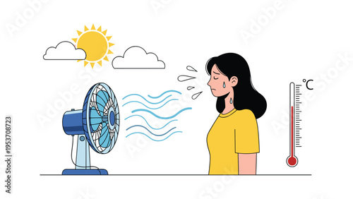 Young woman feeling hot and sweating while sitting in front of an electric fan on a sunny day with a thermometer indicating high heat levels.