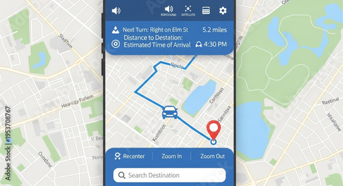 Smartphone displaying a navigation app with a route and destination.