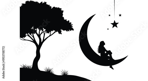 A dreamy nighttime scene depicts a crescent moon stars a tree and a figure sitting on the moon silhouette high quality