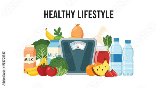 Healthy lifestyle concept featuring a collection of nutritious foods like fruits and vegetables alongside water and a weighing scale for fitness.