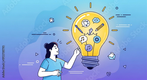 Woman Touching Lightbulb Filled with Creative Icons, Idea Generation Concept.