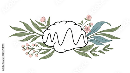 Mental health and mindfulness concept featuring a stylized outline of a human brain decorated with delicate pink flowers and green leaves.