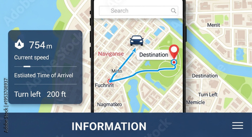 Navigation App Interface Displaying Route and Distance Information.