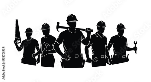 A group of construction workers stands together each holding tools depicted as a striking black silhouette high quality professional detailed modern