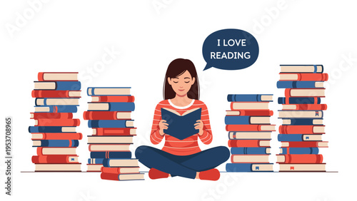 Young woman sitting cross-legged and focused on reading a book while being surrounded by many tall stacks of colorful books on the floor.