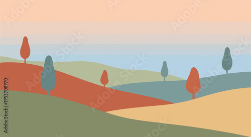 A minimalist landscape featuring rolling hills and stylized trees