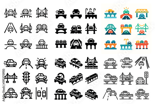 Transport icons with bridge car road minimal