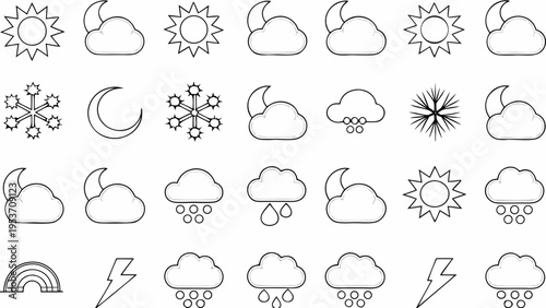 Weather icons set with sun cloud moon rain snow lightning and rainbow symbols on white background for design use
